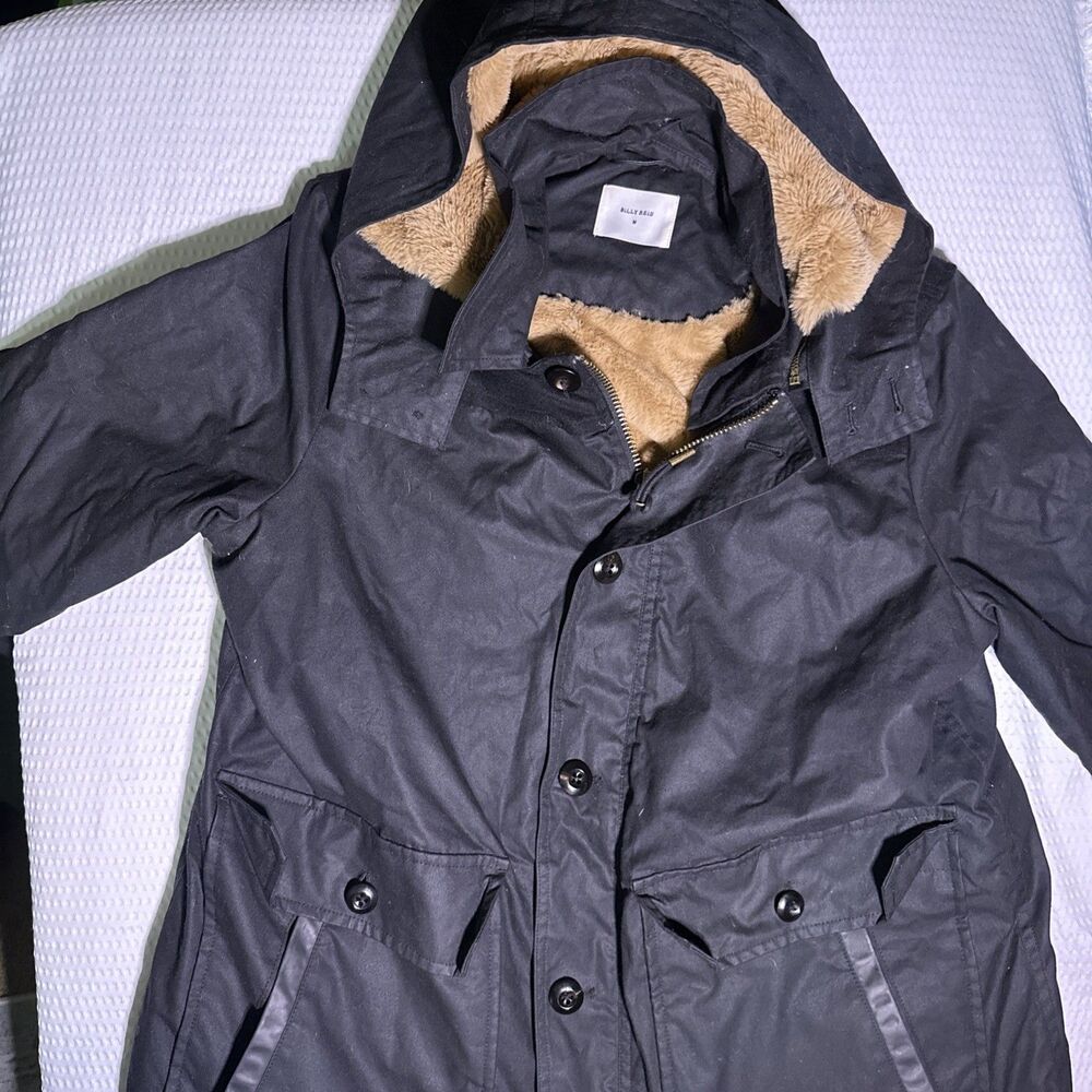 Billy Reid Hooded Utility Parka Jacket - Faux Fur Lined - Black - Size Medium